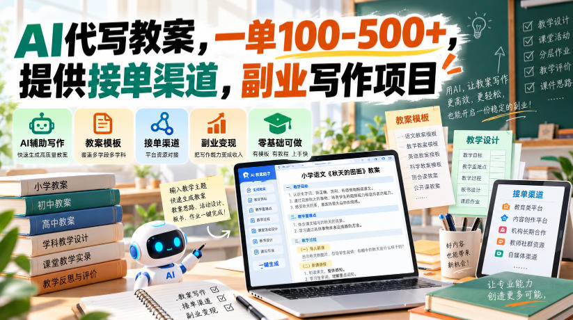 AI代写教案，一单100-500+，提供接单渠道，副业写作项目-宝藏屋创业网