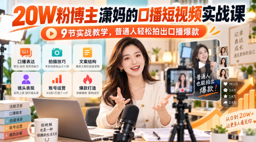 20W粉博主潇妈的口播短视频实战课，9节实战教学，普通人轻松拍出口播爆款-宝藏屋创业网
