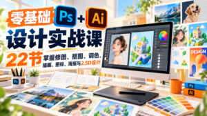 【无水印】零基础PS+AI设计实战课|22节掌握修图、抠图、调色、插画、图标、海报与2.5D设计-宝藏屋创业网