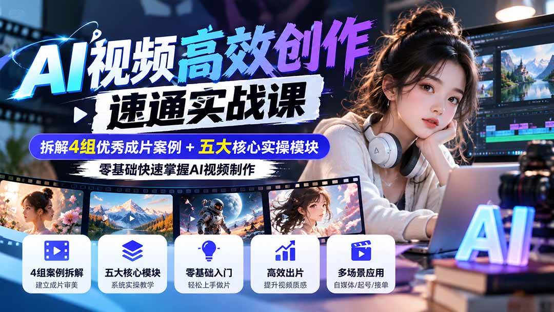 (20819期)【无水印】AI视频高效创作速通实战课:拆解4组优秀成片案例+五大核心实操模块,零基础快速掌握AI视频制作 (20819期)【无水印】AI视频高效创作速通实战课:拆解4组优秀成片案例+五大核心实操模块,零基础快速掌握AI视频制作