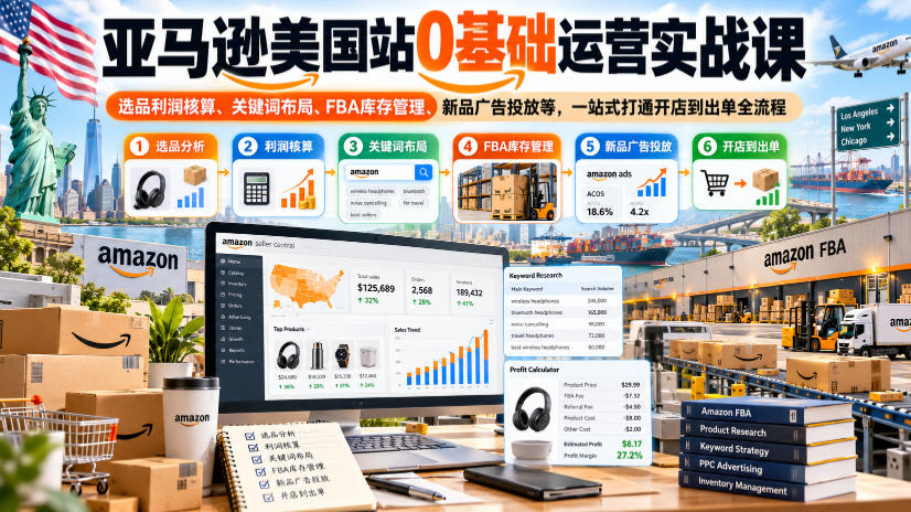 亚马逊美国站0基础运营实战课｜选品利润核算、关键词布局、FBA库存管理、新品广告投放等，一站式打通开店到出单全流程-宝藏屋创业网
