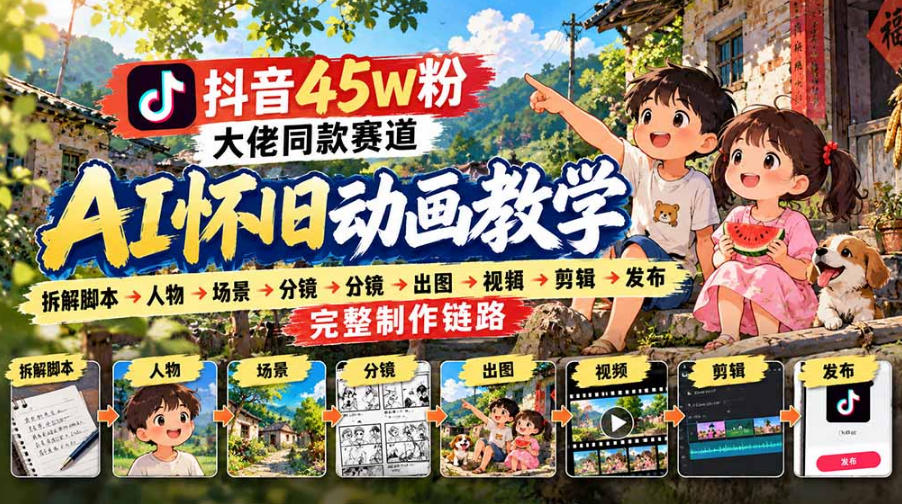 抖音45W粉大佬同款赛道AI怀旧动画实战课：拆解脚本→人物→场景→分镜→出图→视频→剪辑→发布完整制作链路-宝藏屋创业网