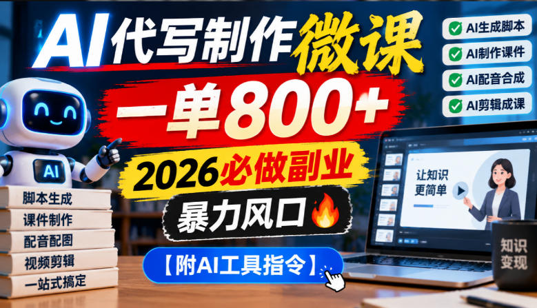 AI代写制作微课，一单800+，2026必做副业，暴力风口【附AI工具指令】【揭秘】-宝藏屋创业网