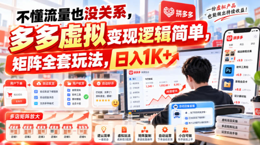 不懂流量也没关系，多多虚拟变现逻辑简单，矩阵全套玩法，日入1K+【揭秘】-宝藏屋创业网