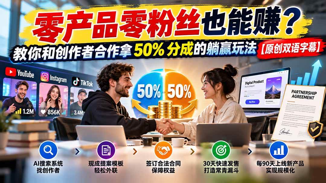 （20957期）零产品零粉丝也能赚？教你和创作者合作拿 50% 分成的躺赢玩法【原创双语字幕】-宝藏屋创业网