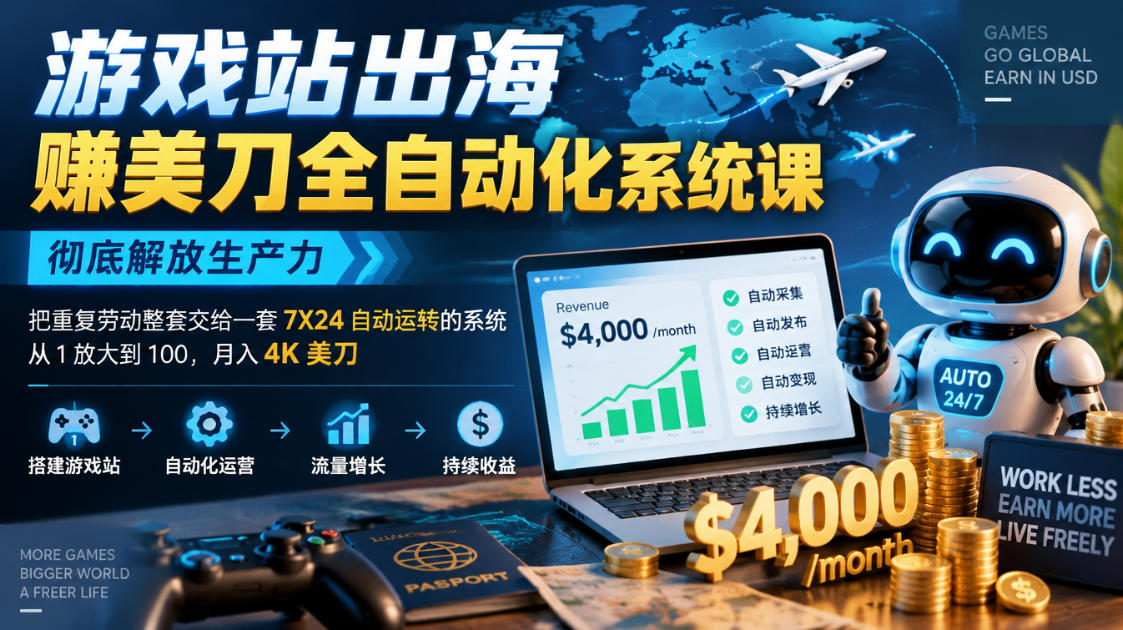 游戏站出海賺美刀全自动化系统课，彻底解放生产力–把重复劳动整套交给一套7X24自动运转的系统，从1放大到100，月入4K美刀 游戏站出海掘金从0到1小白实战课，从选词到上线，从收录到变现，月入3700刀+-宝藏屋创业网