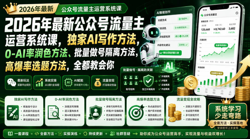 2026年最新公众号流量主运营系统课，独家AI写作方法，0-AI率润色方法、批量做号隔离方法、高爆率选题方法，全都教会你（更新1009）-宝藏屋创业网