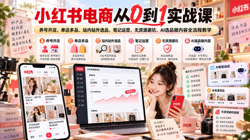 小红书电商从0到1实战课｜养号开店、单店多品、站内站外选品、笔记运营、无货源避坑、AI选品做内容全流程教学-宝藏屋创业网