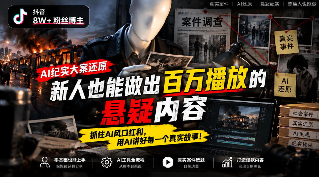 抖音8W粉丝博主的AI纪实大案还原教学，新人也能做出百W播放的悬疑内容，抓住AI风口红利，用AI讲好每一个真实故事（更新1014）-宝藏屋创业网