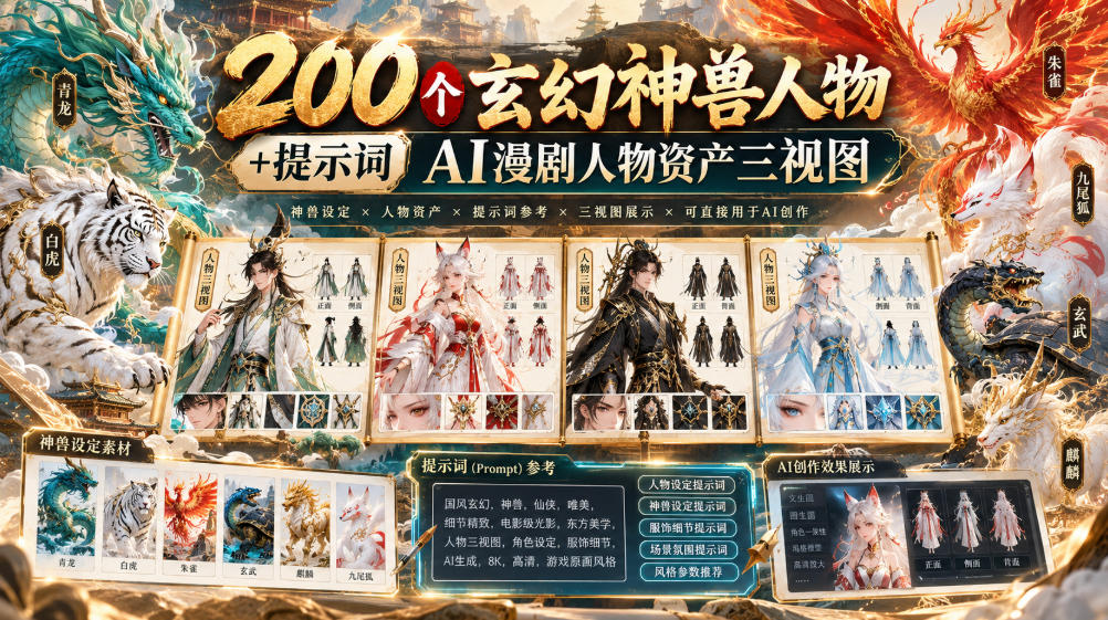 200个玄幻神兽人物+提示词ai漫剧人物资产三视图-宝藏屋创业网