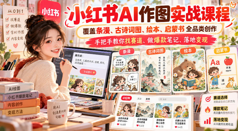 小红书AI作图实战课程，覆盖条漫、古诗词图、绘本、启蒙书全品类创作，手把手教你找赛道、做爆款笔记、落地变现（更新1009）-宝藏屋创业网