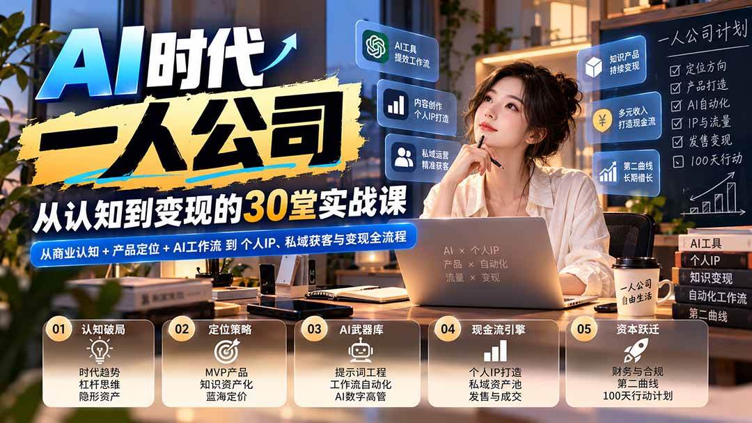 （20847期）【无水印】AI时代一人公司30堂实战课：从商业认知+产品定位+AI工作流到个人IP、私域获客与变现全流程-宝藏屋创业网