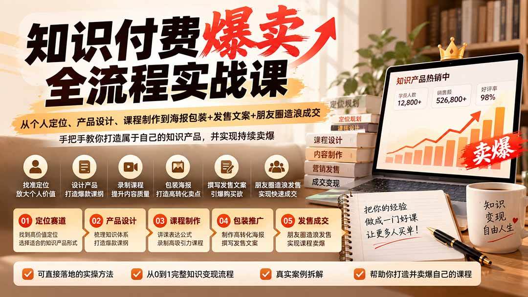 （20787期）【无水印】知识付费爆卖全流程实战课：从个人定位、产品设计、课程制作到海报包装+发售文案+朋友圈造浪成交-宝藏屋创业网