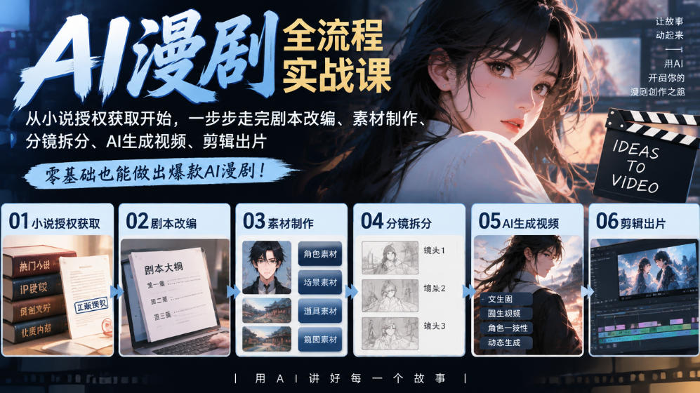 AI漫剧全流程实战课｜从小说授权获取开始，一步步走完剧本改编、素材制作、分镜拆分、AI生成视频、剪辑出片全流程-宝藏屋创业网