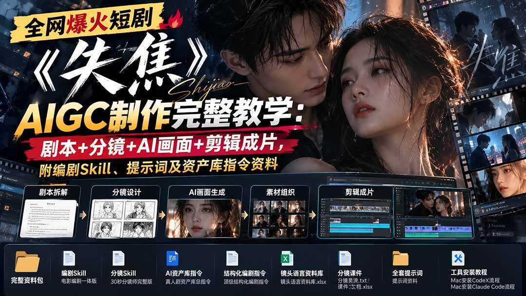 （20805期）全网爆火短剧《失焦》AIGC制作完整教学：剧本+分镜+AI画面+剪辑成片，附编剧Skill、提示词及资产库指令资料-宝藏屋创业网