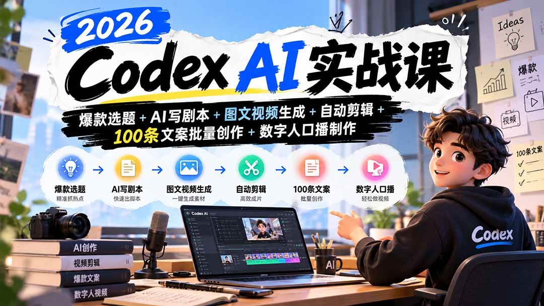 (20899期)2026Codex AI实战课:爆款选题+AI写剧本+图文视频生成+自动剪辑+100条文案批量创作+数字人口播制作 (20899期)2026Codex AI实战课:爆款选题+AI写剧本+图文视频生成+自动剪辑+100条文案批量创作+数字人口播制作