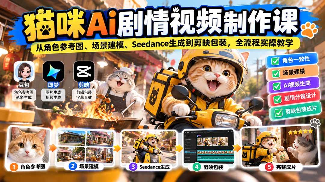 （20793期）猫咪AI剧情视频制作课：从角色参考图、场景建模、Seedance生成到剪映包装，全流程实操教学-宝藏屋创业网