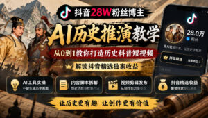 抖音28W粉丝博主的AI历史推演教学，从0到1教你打造历史科普短视频，解锁抖音精选独家收益-宝藏屋创业网