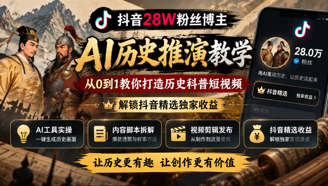 抖音28W粉丝博主的AI历史推演教学，从0到1教你打造历史科普短视频，解锁抖音精选独家收益-宝藏屋创业网
