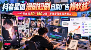 抖音星图漫剧短剧自刷广告撸收益，一个号单机50-150之间，可批量操作放大收益-宝藏屋创业网