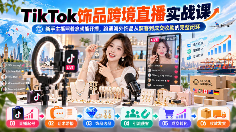 TikTok饰品跨境直播实战课，新手主播照着念就能开播，跑通海外饰品从获客到成交收款的完整闭环-宝藏屋创业网