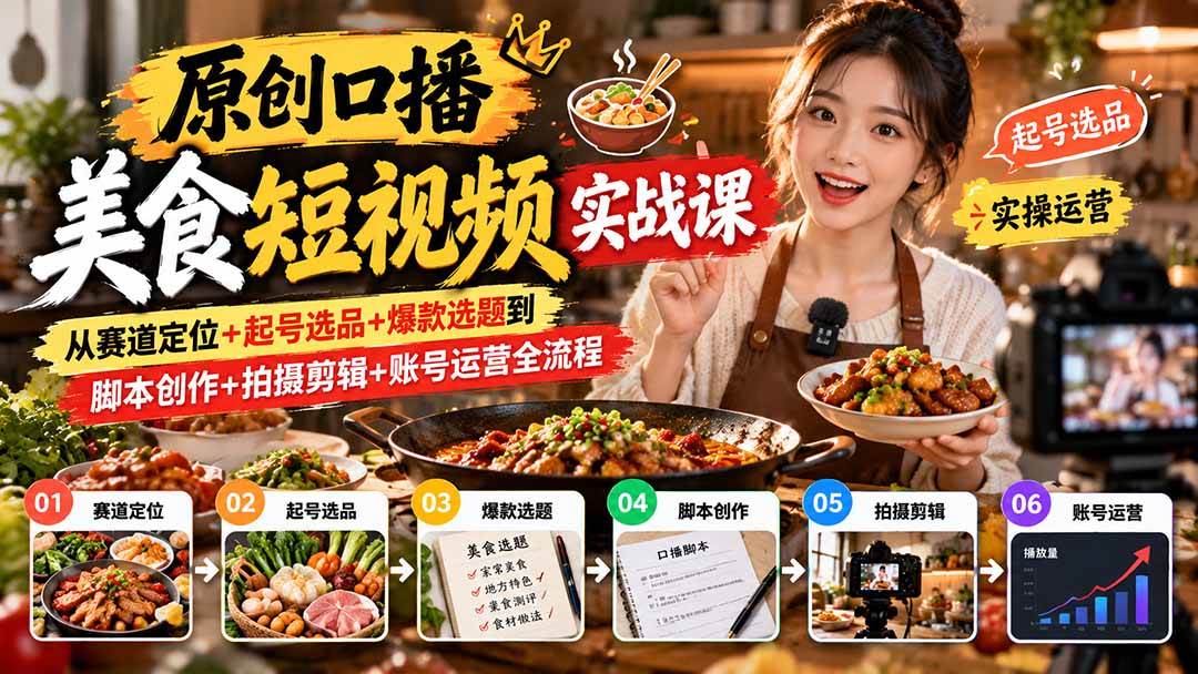 （20786期）原创口播美食短视频实战课：从赛道定位+起号选品+爆款选题到脚本创作+拍摄剪辑+账号运营全流程-宝藏屋创业网