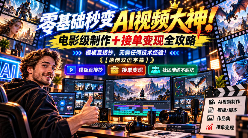 零基础秒变AI视频大神！电影级制作+接单变现全攻略，模板直接抄，无需任何技术经验！【原创双语字幕】-宝藏屋创业网