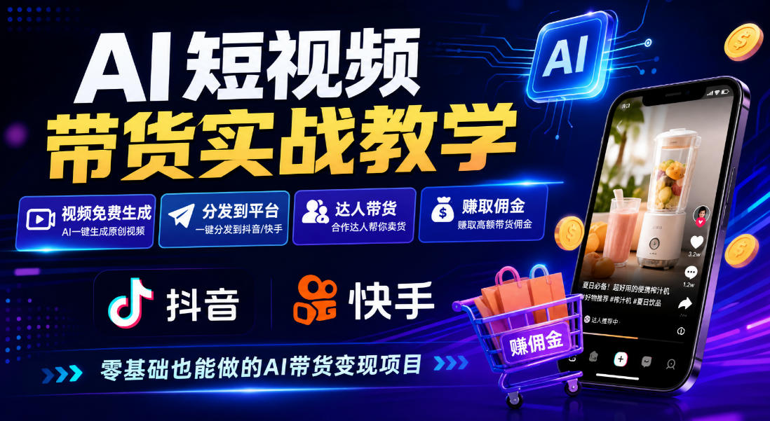 AI短视频带货实战教学,视频免费生成,分发到抖音快手平台,达人带货賺佣金 AI短视频带货实战教学,视频免费生成,分发到抖音快手平台,达人带货賺佣金