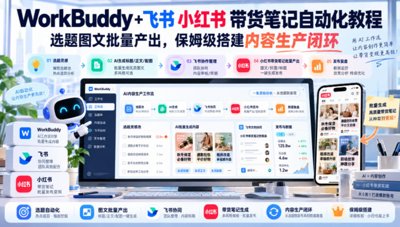 WorkBuddy+飞书小红书带货笔记自动化教程,选题图文批量产出,保姆级搭建内容生产闭环【文档】 WorkBuddy+飞书小红书带货笔记自动化教程,选题图文批量产出,保姆级搭建内容生产闭环【文档】