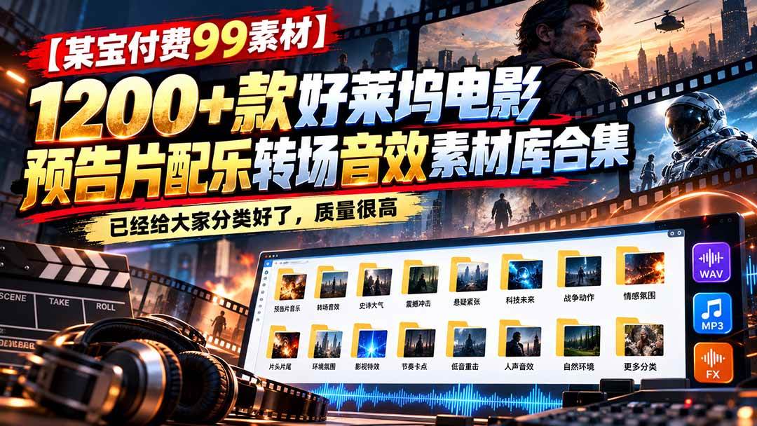 （20797期）【某宝付费99素材】1200+款好莱坞电影预告片配乐转场音效素材库合集-宝藏屋创业网