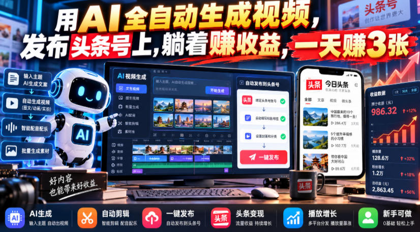 用AI全自动生成视频，发布头条号上，躺着賺收益，一天賺3张-宝藏屋创业网