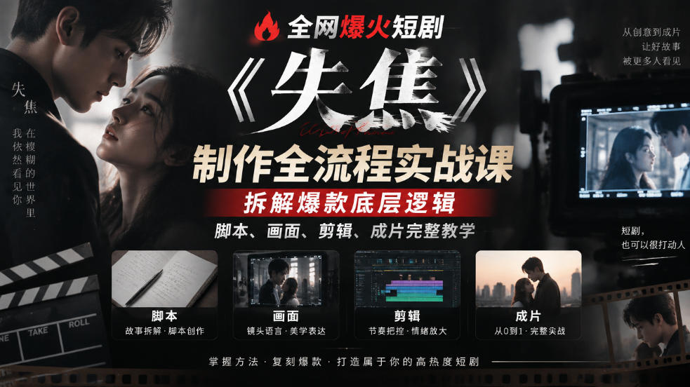 全网爆火短剧《失焦》制作全流程实战课｜拆解爆款底层逻辑，脚本、画面、剪辑、成片完整教学-宝藏屋创业网