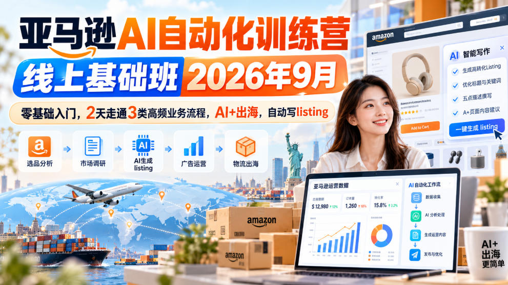 亚马逊AI自动化训练营线上基础班2026年9月，零基础入门，2天走通3类高频业务流程，AI+出海，自动写listing（更新1017）-宝藏屋创业网
