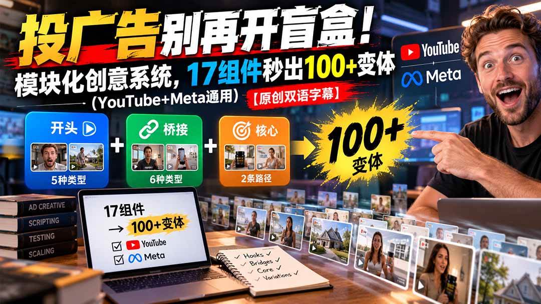 （20840期）投广告别再开盲盒！模块化创意系统，17组件秒出100+变体（YouTube+Meta通用）【原创双语字幕】-宝藏屋创业网