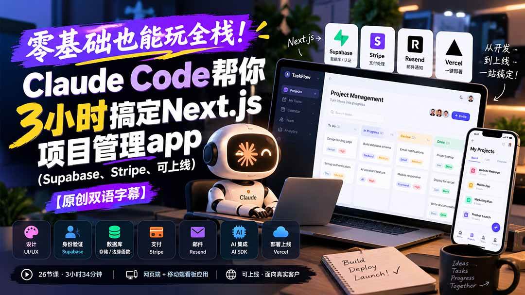 （20907期）零基础也能玩全栈！Claude Code帮你3小时搞定Next.js项目管理app（Supabase、Stripe、可上线）【原创双语字幕】-宝藏屋创业网