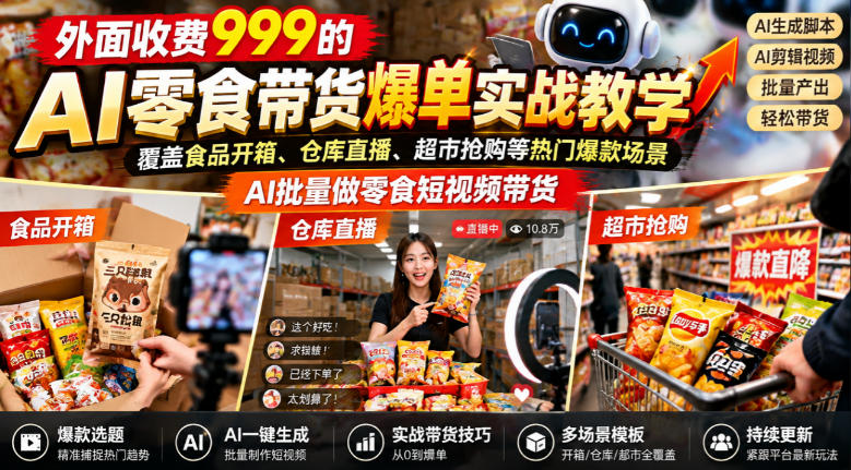 外面收费999的AI零食带货爆单实战教学，覆盖食品开箱、仓库直播、超市抢购等热门爆款场景，AI批量做零食短视频带货-宝藏屋创业网