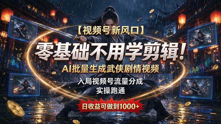 （20780期）【视频号新风口】零基础不用学剪辑！AI 批量生成武侠剧情视频，入局视频号流量分成，实操跑通，日收益可做到 1000+-宝藏屋创业网