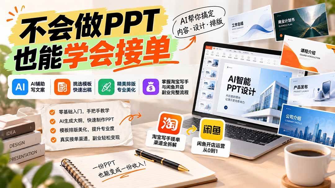 （20945期）不会做PPT也能学会接单：AI辅助写文案、挑模板、做排版，掌握淘宝写手与闲鱼开店副业完整流程-宝藏屋创业网