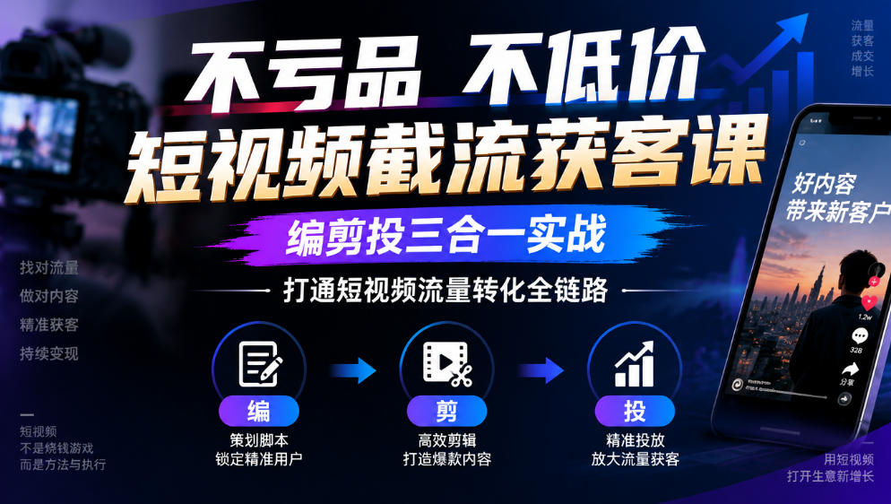 不亏品不低价短视频截流获客课，编剪投三合一实战，打通短视频流量转化全链路-宝藏屋创业网