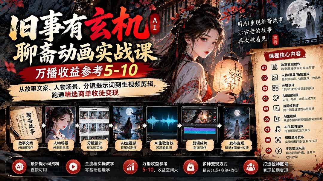 （20789期）旧事有玄机AI聊斋动画实战9月新课：万播收益参考5-10，从故事文案、人物场景到分镜生视频，跑通精选商单收徒-宝藏屋创业网