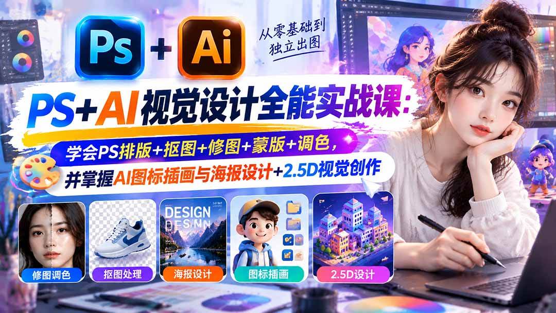 (20749期)【无水印】PS+AI视觉设计全能实战课:学会PS排版+抠图+修图+蒙版+调色,并掌握AI图标插画与海报设计+2.5D视觉创作 (20749期)【无水印】PS+AI视觉设计全能实战课:学会PS排版+抠图+修图+蒙版+调色,并掌握AI图标插画与海报设计+2.5D视觉创作