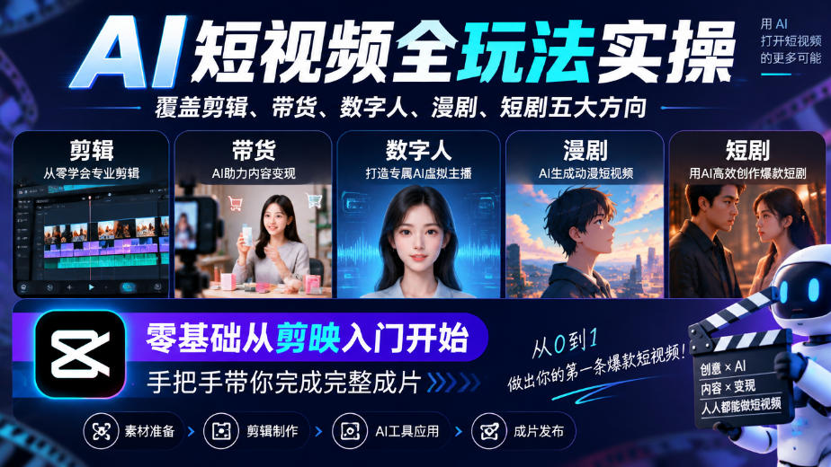 AI短视频全玩法实操，覆盖剪辑、带货、数字人、漫剧、短剧五大方向，零基础从剪映入门开始，手把手带你完成完整成片-宝藏屋创业网